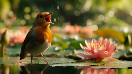 A robin sings happily in an English garden. Beautiful lighting with beautiful water lilies.