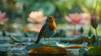 A robin sings happily in an English garden. Beautiful lighting with beautiful water lilies.