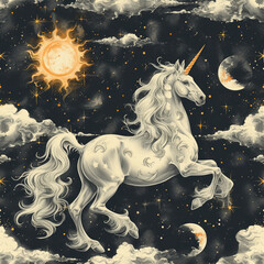 Obraz na płótnie Canvas unicorn in the starry sky seamless tile, ai generated