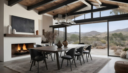 Fototapeta premium elegant modern dining room with view from large glass windows, desert