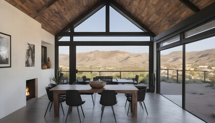 elegant modern dining room with view from large glass windows, desert