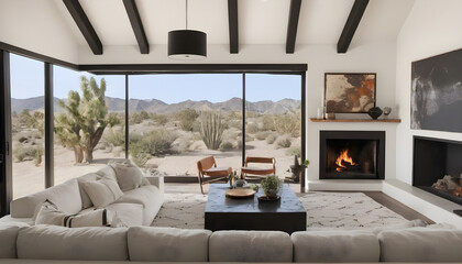 modern living room with fireplace and desert view