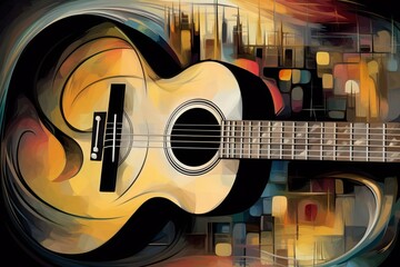 Gitara akustyczna  abstrakcyjny kolorowy akrylowy malowany obraz generative ai, - obrazy, fototapety, plakaty