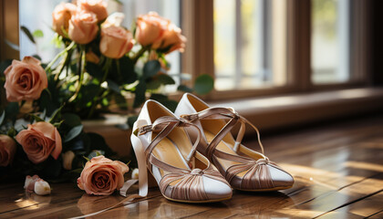 Elegant women shoes on wooden floor, fashion and romance generated by AI