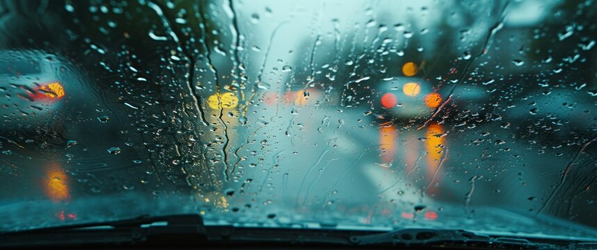Artistic Rainy Window View - A Serene Scene of Wet Raindrops and Blurred Car Lights, Capturing the Mood of a Rainy Evening