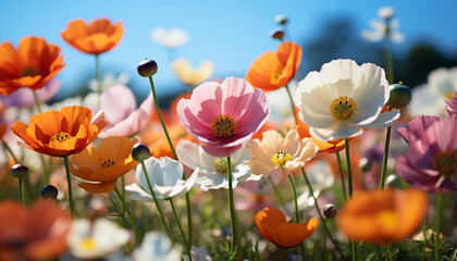 Obraz premium Vibrant flowers bloom, bringing cheerful beauty to the meadow generated by AI