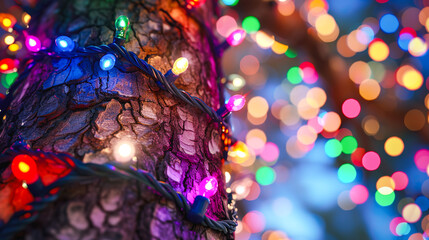 木に飾りつけたカラフルなイルミネーションライトのクローズアップ背景