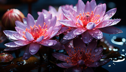Vibrant lotus flower reflects elegance and beauty in nature generated by AI