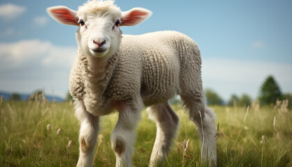 Fototapeta premium Cute lamb grazing in green meadow, looking at camera generated by AI