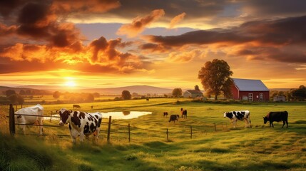 pasture farm with cows - obrazy, fototapety, plakaty