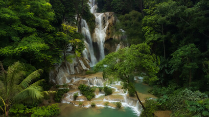 Drone Shot Of The Amazing Kuang Si Waterfalls In Luang Probang Laos