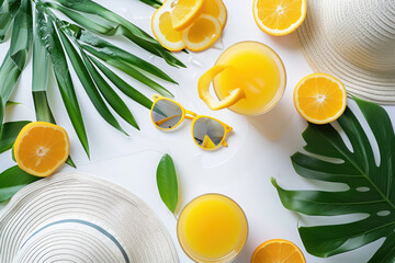 Top view flat lay Summer holiday vacation concept, sunglasses, hat, orange juice glass, tropical and palm leaves, on white background