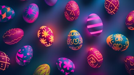 Futuristic Easter eggs creatively colored with abstract  illuminated patterns in vibrant neon colors. Neon glow style. Easter celebration concept.