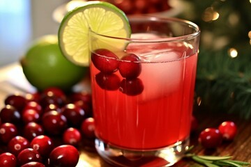Festive cranberry lime drink perfect for holiday dinner. Generative AI