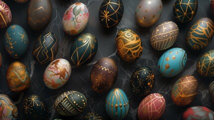 Fototapeta na wymiar Vibrant colorful Easter eggs on dark background. Easter celebration concept.