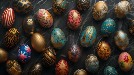 Fototapeta na wymiar Vibrant colorful Easter eggs on dark background. Easter celebration concept.
