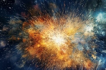 Abstract cosmic background with blue and gold fireworks, falling stars, and the beauty of the universe. Generative AI