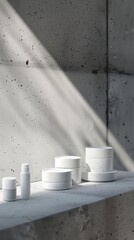 Several white cosmetic tubes on a concrete background, light refraction on the wall, selective focus, light background, minimalist design.