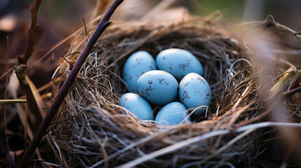 Naklejka na ściany i meble Blue pearl raw chicken eggs in bird's straw nest. Greeting card for Happy Easter. Concept of preparing for religious holiday, healthy food, religion. Farm products in rustic kitchen