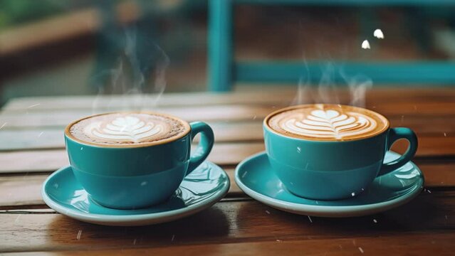 closeup image of two blue cups of hot latte coffee. seamless looping overlay 4k virtual video animation background 