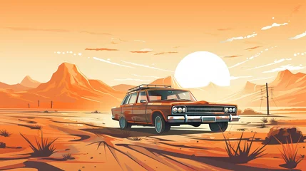 Fotobehang Vintage car in desert landscape illustration © Darrity