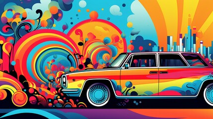 Colorful car with abstact art illustration