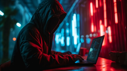 A mysterious figure in a hoodie types on a laptop, illuminated by vibrant neon lights in a dark room.