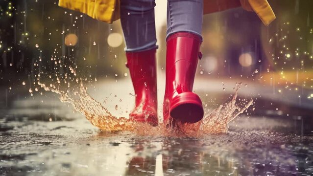 Nizam 16 20240206 woman with red rubber boots jumping in a puddle closeup. seamless looping overlay 4k virtual video animation background 