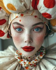 A Beautiful woman Harlequin Pierrot Clown Girl in Full Costume by modern-vintage style, artistic makeup and colorful hat in soft orange tones. Portrait, Carnival costumes