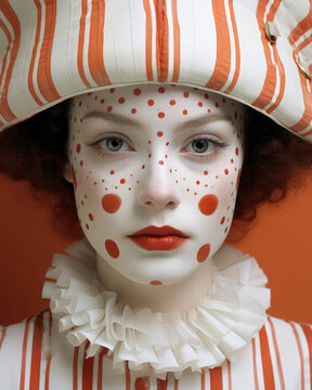 A Beautiful woman Harlequin Pierrot Clown Girl in Full Costume by modern-vintage style, artistic makeup and colorful hat in soft orange tones. Portrait, Carnival costumes