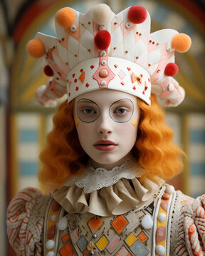 A Beautiful woman Harlequin Pierrot Clown Girl in Full Costume by modern-vintage style, artistic makeup and colorful hat in soft orange tones. Portrait, Carnival costumes