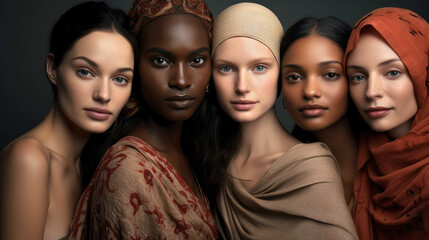 Group of diverse ethnic modern women standing next to each other, looking at camera dressed in warm colors, on plain background. Perfect for illustrating unity, teamwork, diversity, and  empowerment.