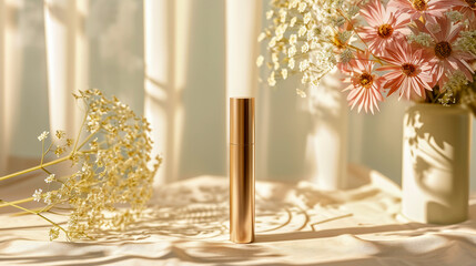 a golden cosmetic tube against a light pastel color minimal shape flower background. natural look in minimal environment, captivating still life scene perfume or makeup. Copy space