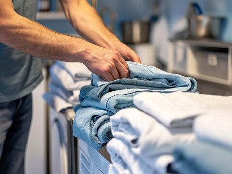 The hands of a laundry business owner meticulously folding freshly cleaned clothes placing it in a pile, washing and ironing service, the laundry industry