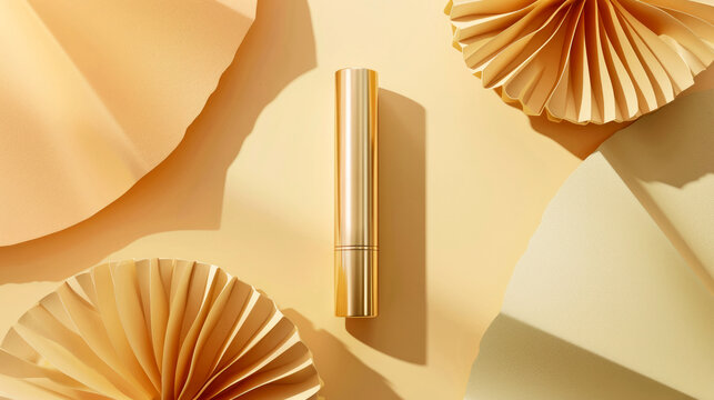 a golden cosmetic tube against a light pastel color minimal origami shape flower background. natural look in minimal environment, captivating still life scene perfume or makeup. Copy space