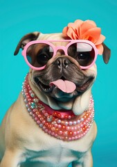 Portrait of a cute pug dog with accessories posing in the style of fashion icons in front of a minimal cyan background. Adorable and fun.
