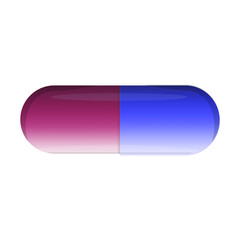 Violet and electric blue capsules on white backdrop with water transparency