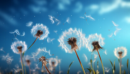 Blue dandelion flying in the summer sky, nature beauty generated by AI