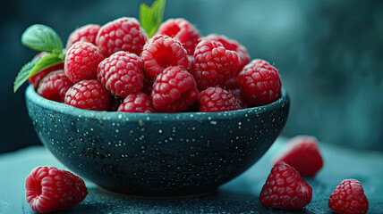 Close-up of dew-covered raspberries in a textured stoneware bowl, set against a moody, dark background, highlighting the freshness of the berries.
