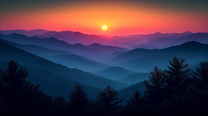 Colorful landscape - mountains - sundown - sunup - in the style of Western North Carolina sunsets  - obrazy, fototapety, plakaty