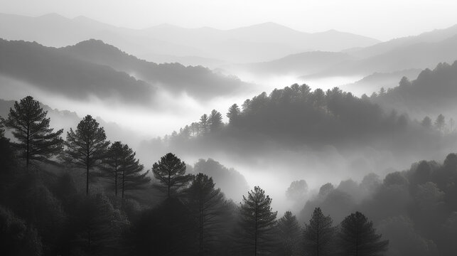 Mountains early in the morning - clouds - black and white - monochrome - peaceful - landscape - 