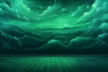 rough scenery with atmospheric lights. emerald sky backdrop with room for text. Generative AI