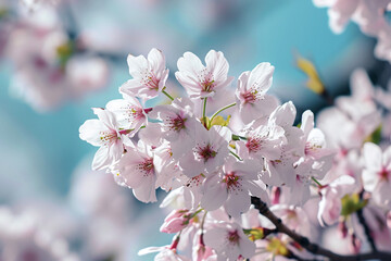 Pink sakura flowers blooming on tree branch in cherry blossom season. Delicate pink sakura blossoms in spring. Pink sakura flowers in full bloom in spring. Nature floral background.