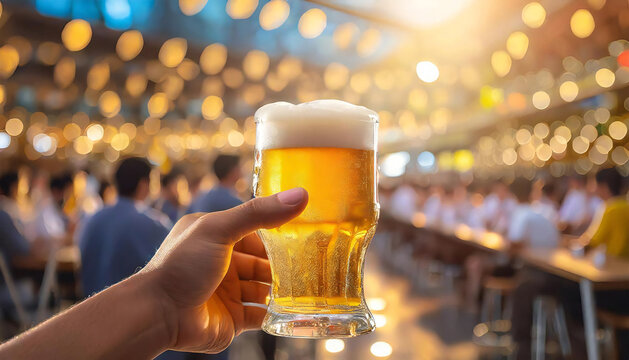Image illustration of holding a draft beer mug in a beer hall.
