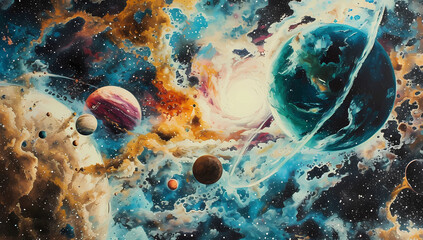oil painting showing planets in space