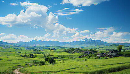 Fototapeta na wymiar Idyllic rural landscape green meadows, majestic mountains, and clear skies generated by AI