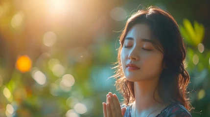 Deurstickers Asian woman praying in the morning with sunlight background © xavmir2020