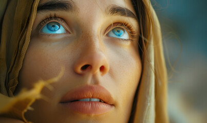 Emotional close up portrait of a woman with blue eyes in a veil looking up - obrazy, fototapety, plakaty