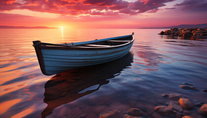 Sunset over tranquil seascape, nautical vessel reflects beauty in nature generated by AI