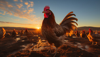 Majestic rooster stands in the sunset, crowing on the farm generated by AI - obrazy, fototapety, plakaty